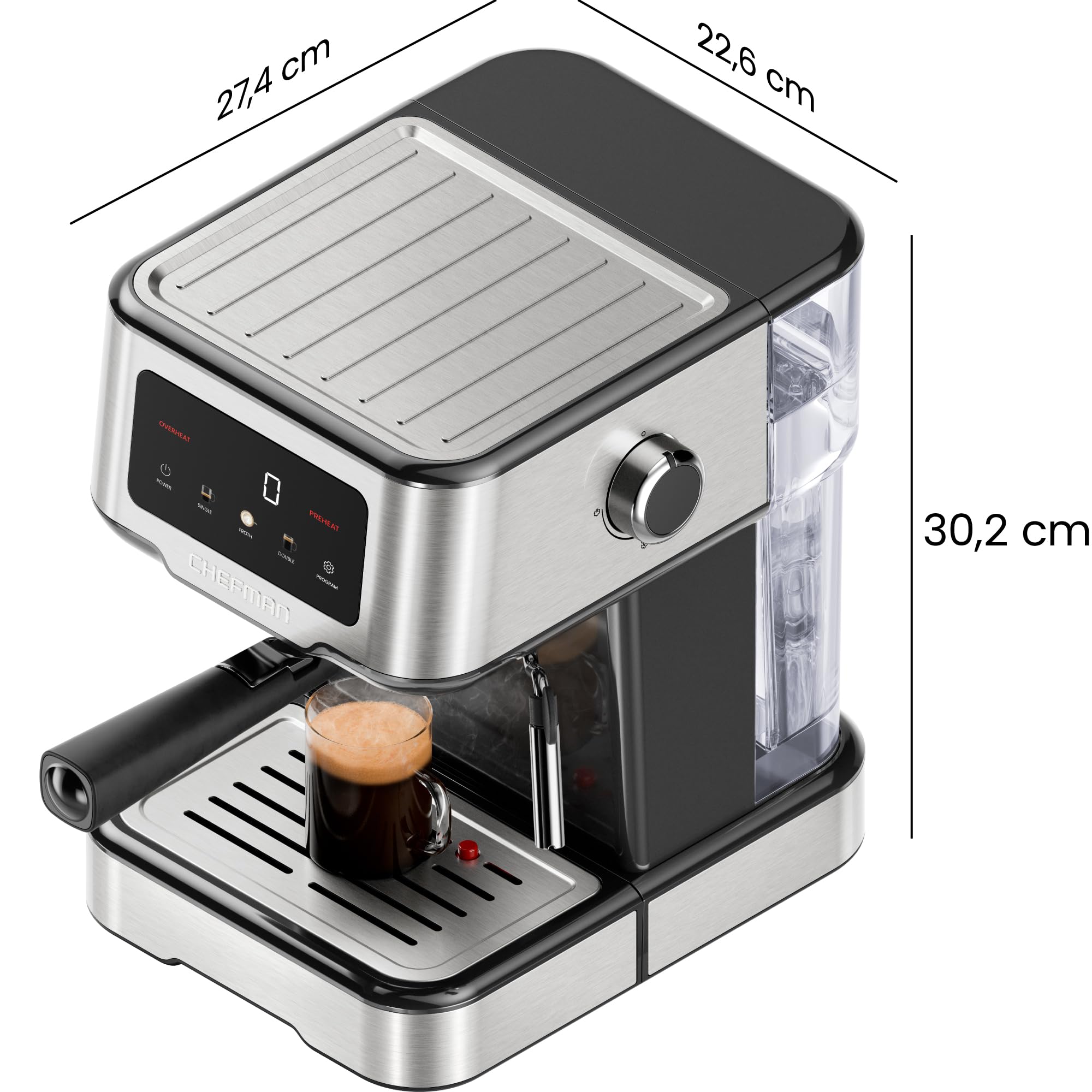 Chefman CraftBrew 15-Bar-Siebträgermaschine, 1,5L-Wassertank, Dampfstab | digitaler Touchscreen, Latte & Cappuccino, kompakt, abnehmbar, Edelstahl