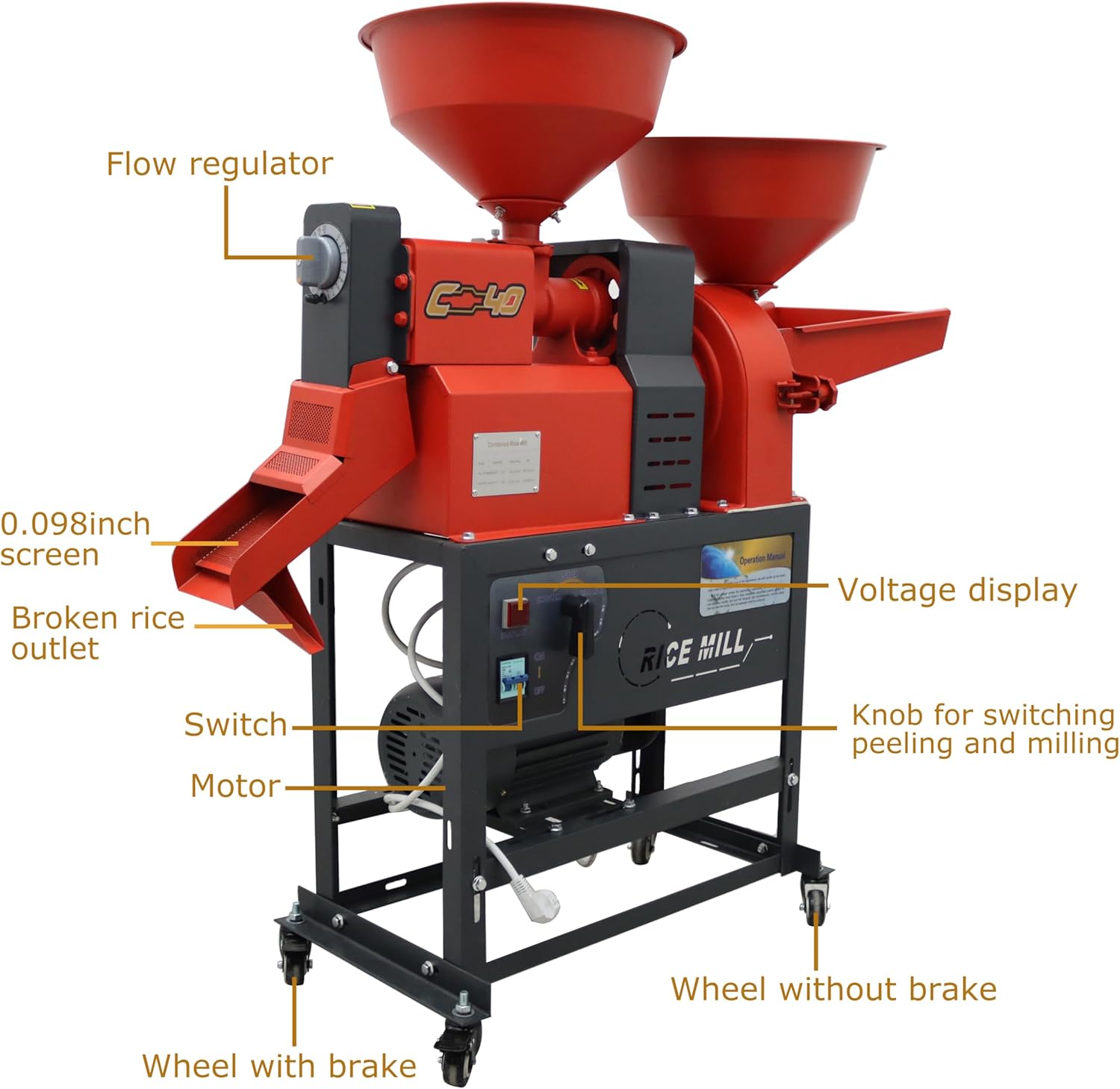 TECHTONGDA Rice Peeler Miller Grinder Sheller Huller Flour Mill Pulverizer Dehusk for Millet Corn Grain Wheat Cereals Forage with 1-Layer Screen 286-374LB/H 220V