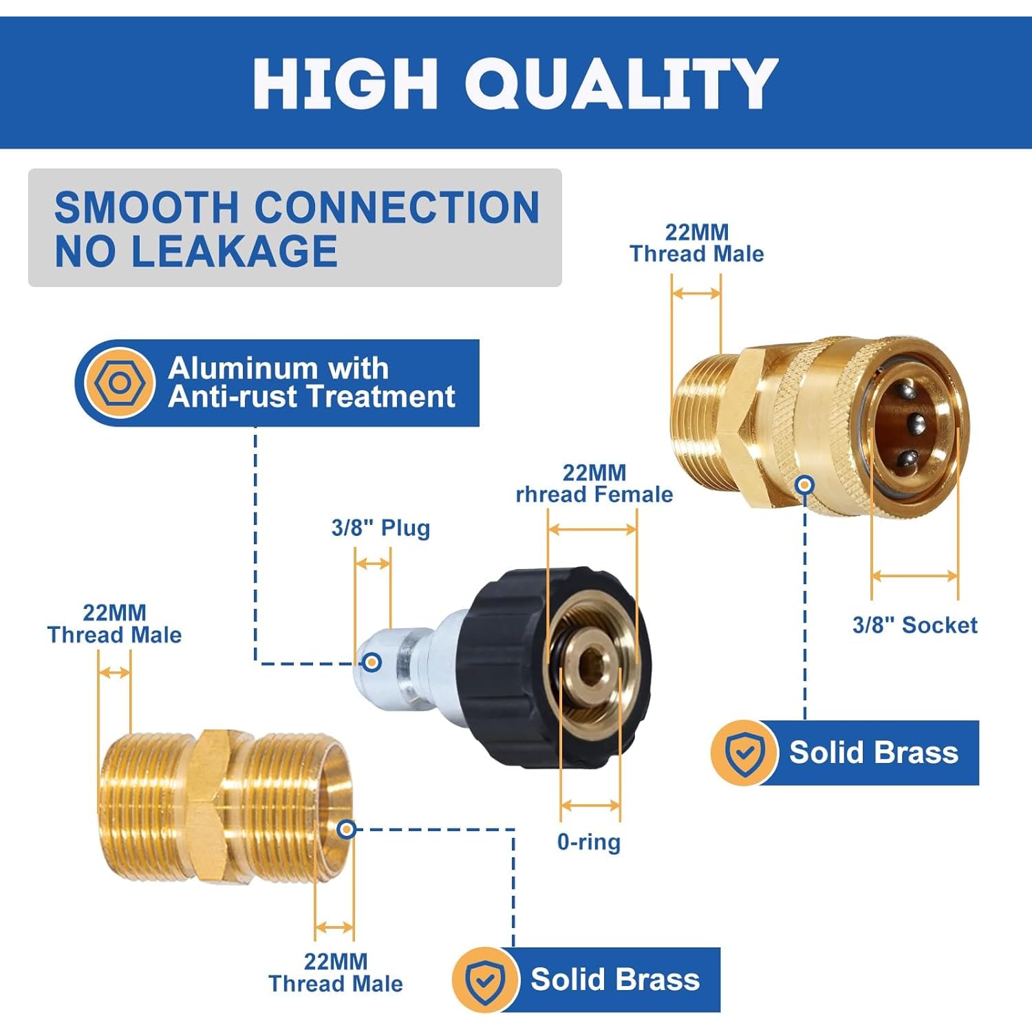 15M 3600PSI Tubo Alta Pressione per Pulitrice ad Alta Pressione con 5 Raccordi Rapidi(M22 x 3/8''), per tubo di lavaggio a pressione a collegamento rapido da 1/4'', Blu
