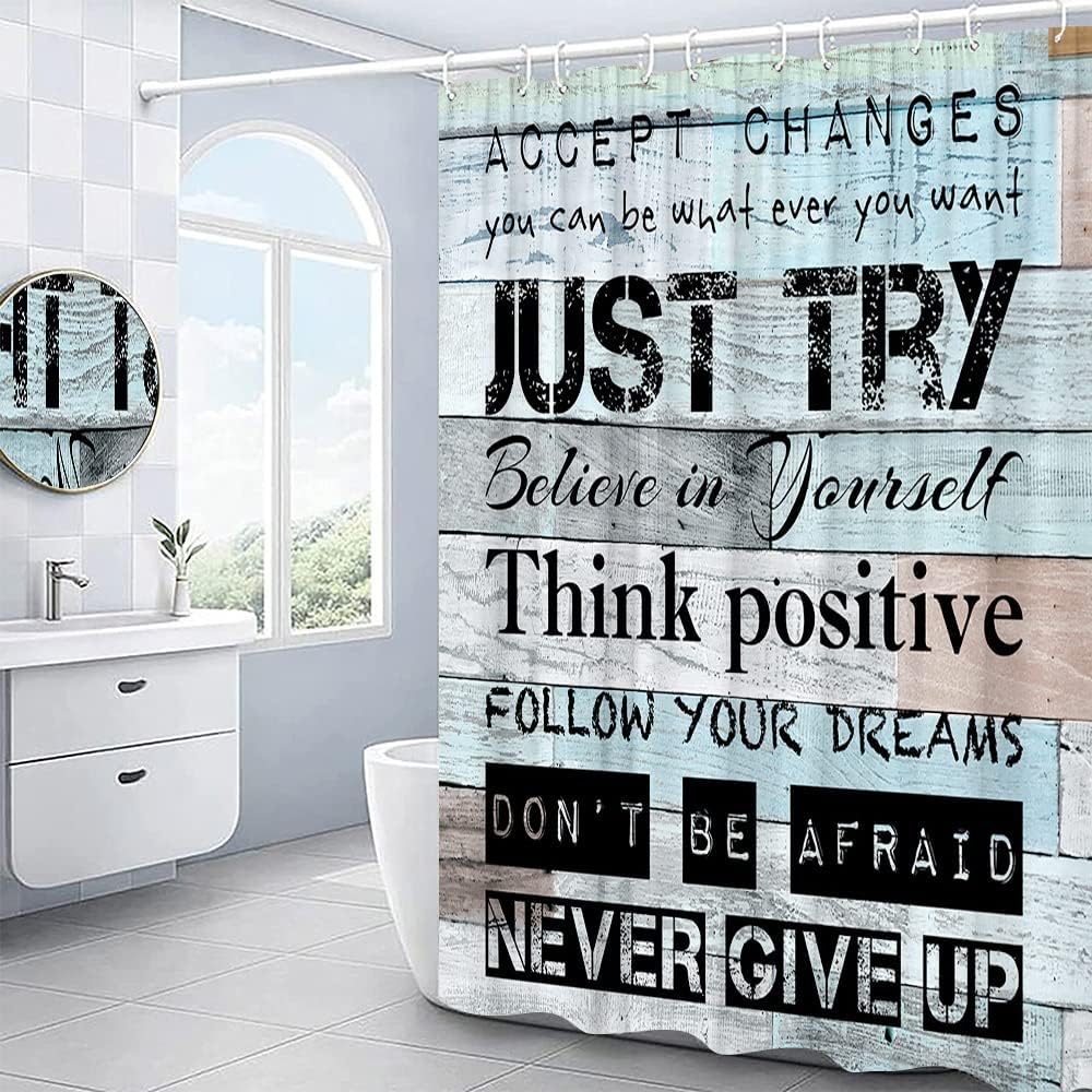 Inspirational Quote Shower Curtain Motivational Words Just Try Vintage Rustic Wooden Board Farmhouse Bathroom Polyester Fabric Curtains with Hooks 138Wx70H Inch