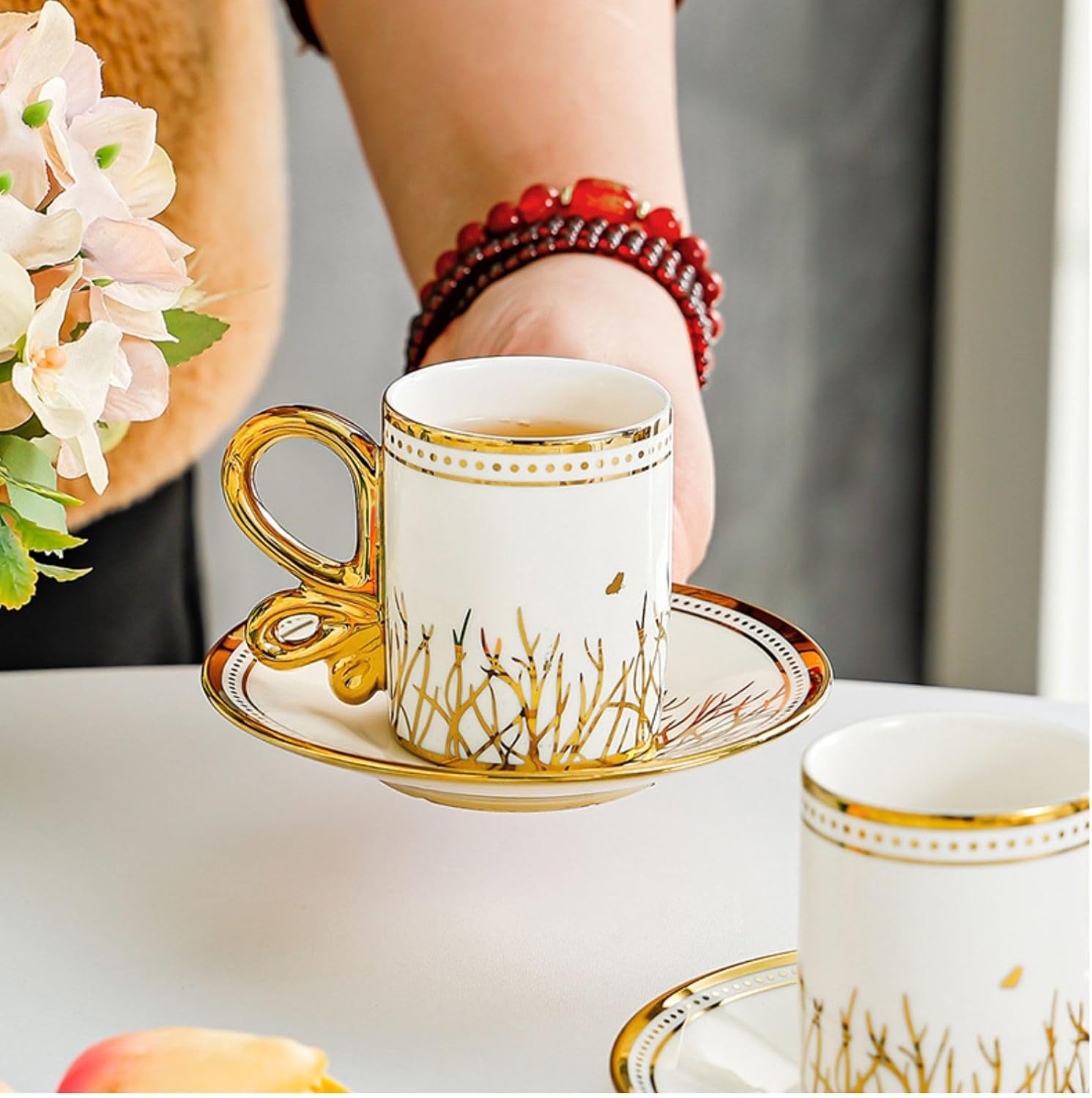 bangminda Espresso Cups and Saucers Set of 6, Porcelain Cappuccino Cups with Saucers & Spoons,3 oz Ceramic Small Coffee Mug with Handle for Cafe, Mocha, Tea, Wedding Thanksgiving Gift Present