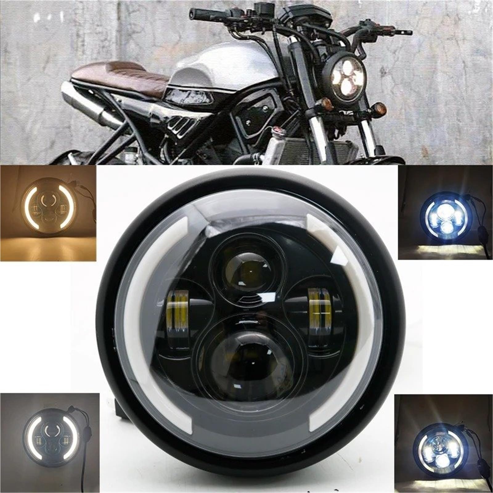 Moto Fari Stradali Spot Light Beam Per Supporto Faro 7 Pollici, Parti Per Motocicletta Cafe Racer,5, LED Rotondo Nero, Lampada Hi/Lo
