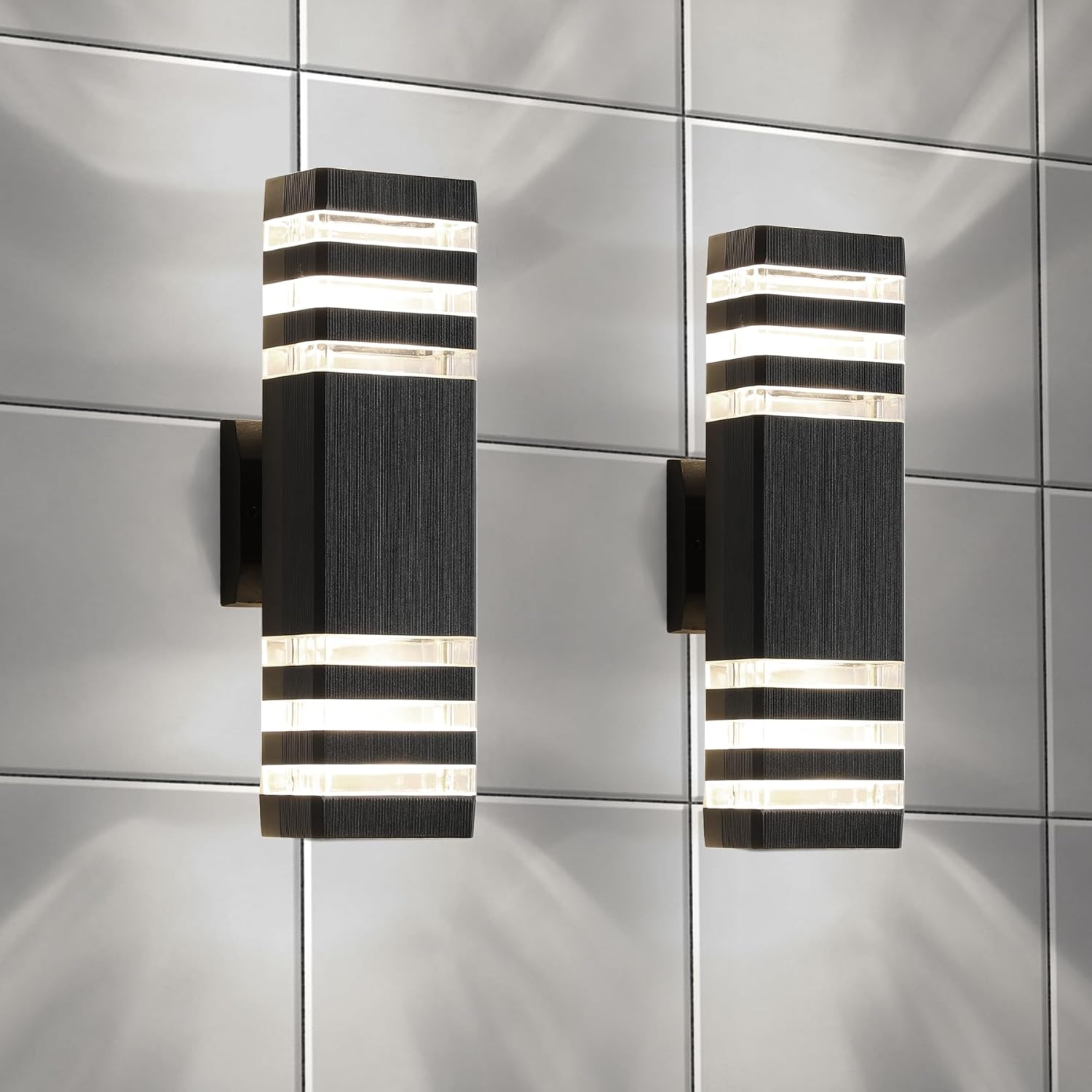 2-Pack LED Square Up-and-Down Outdoor Wall Lights – 3-Layer Aluminum, IP65 Waterproof – GU10 Bulbs, 14W, 1200 LM Warm White 3000K – Outdoor Wall Sconce for Porch and Garage Multicolor 2-Pack, 3-Layer