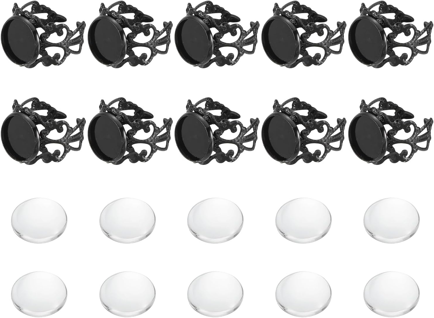 MECCANIXITY 10Pcs Metal Ring Base Blank, 12mm Adjustable Cabochon Ring Blank Base Pad Flat Ring Bezel Tray with 10Pcs Clear Glass Cabochon for Jewelry Making DIY Carvings (Light Gold)