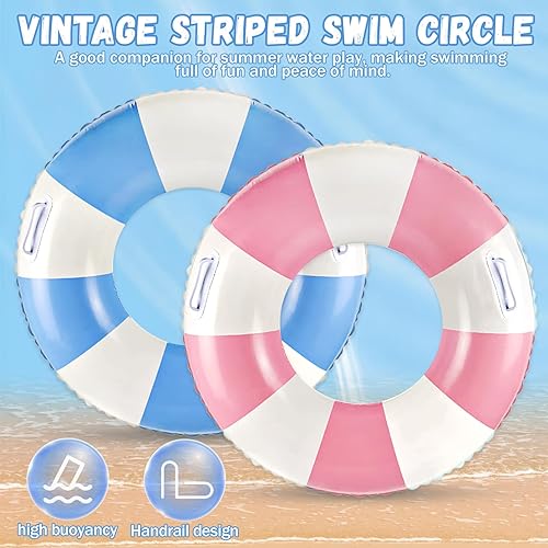 Miniatura 4 de Flotadores clásicos de piscina a rayas con asa, tubos inflables de rayas azules y blancas para anillos de natación grandes flotantes para adultos,