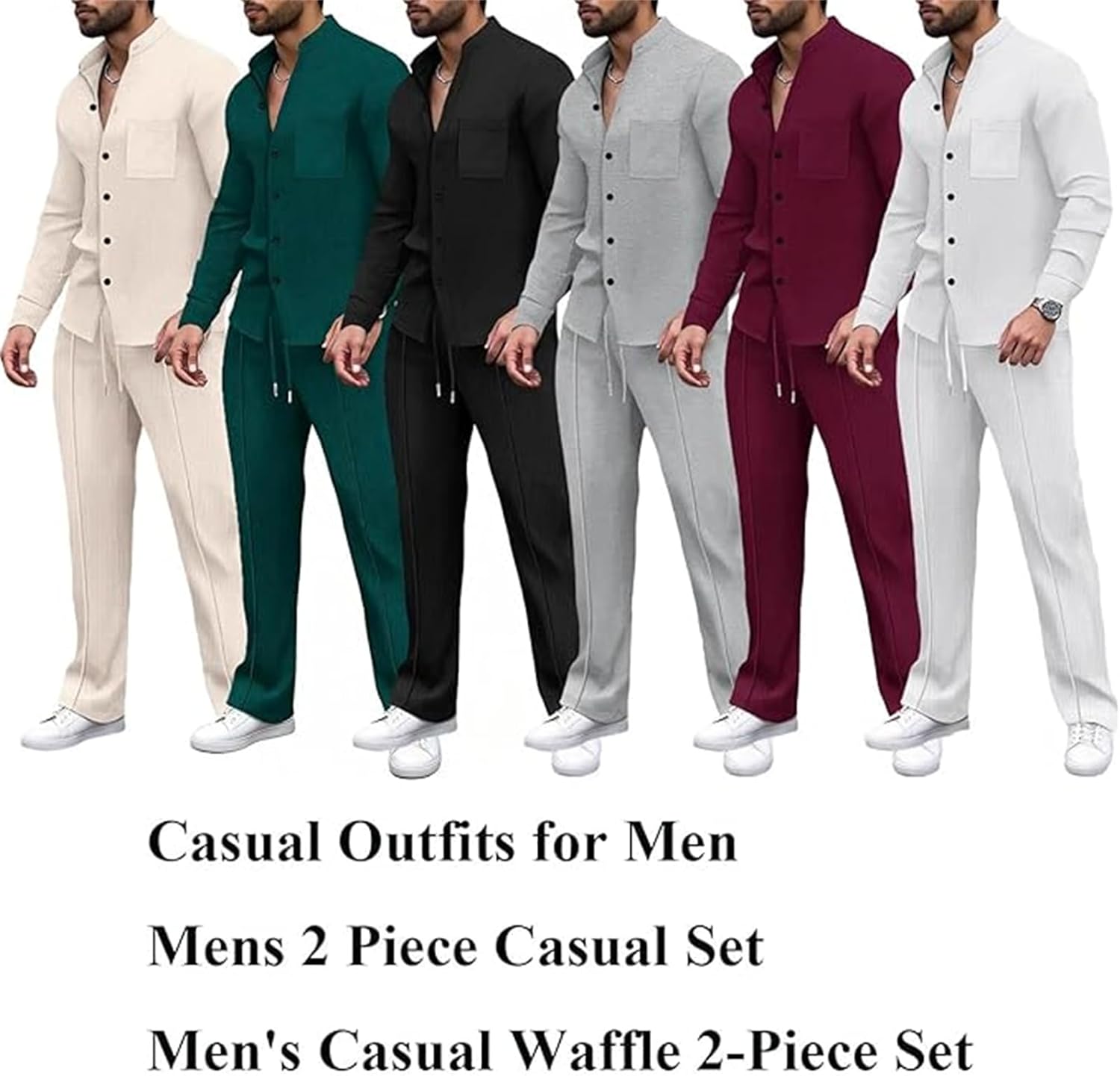 Men‘s Casual Waffle 2-Piece Set Waffle Knit Set Shirt Pants 2-Piece Outfits Long Sleeve Button Shirt Pants Tracksuit