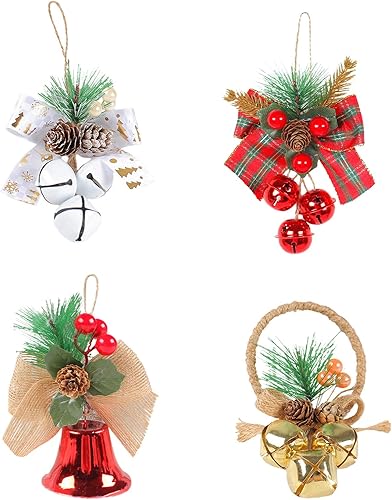 Miniatura 1 de belupai 4 lazos de Navidad con campanas, mini guirnalda de lazo de Navidad, adornos colgantes, campanas de árbol de Navidad, colgantes con bayas y