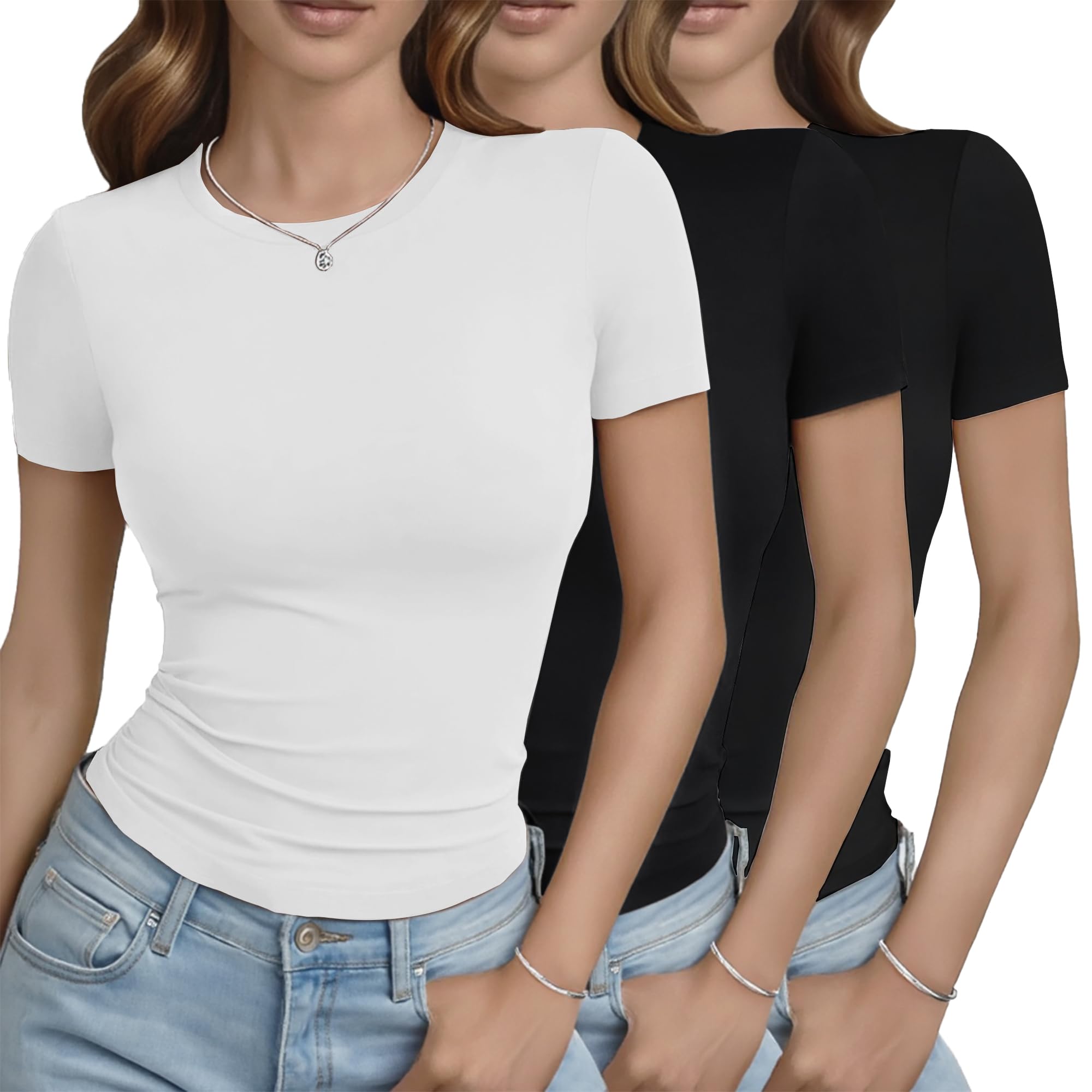 GAYHAY 3 Pack Basic Tees for Women - Crew Neck Slim Fit Tight T Shirts Cute Y2K Trendy Crop Tops Clothes for Casual Summer