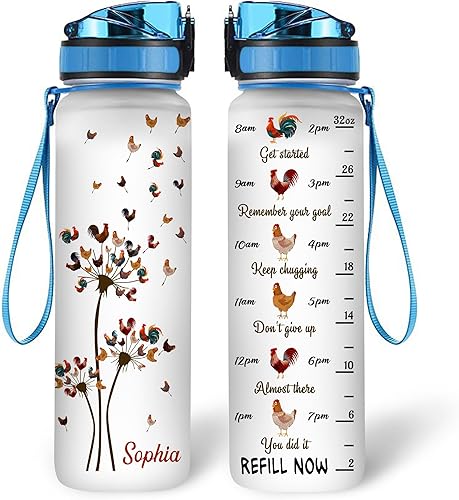 Miniatura 8 de Hyturtle Regalo personalizado de pollo para mujer, diseño de pollo Peace Love con nombre personalizado de 32 onzas, botella de agua motivacional de