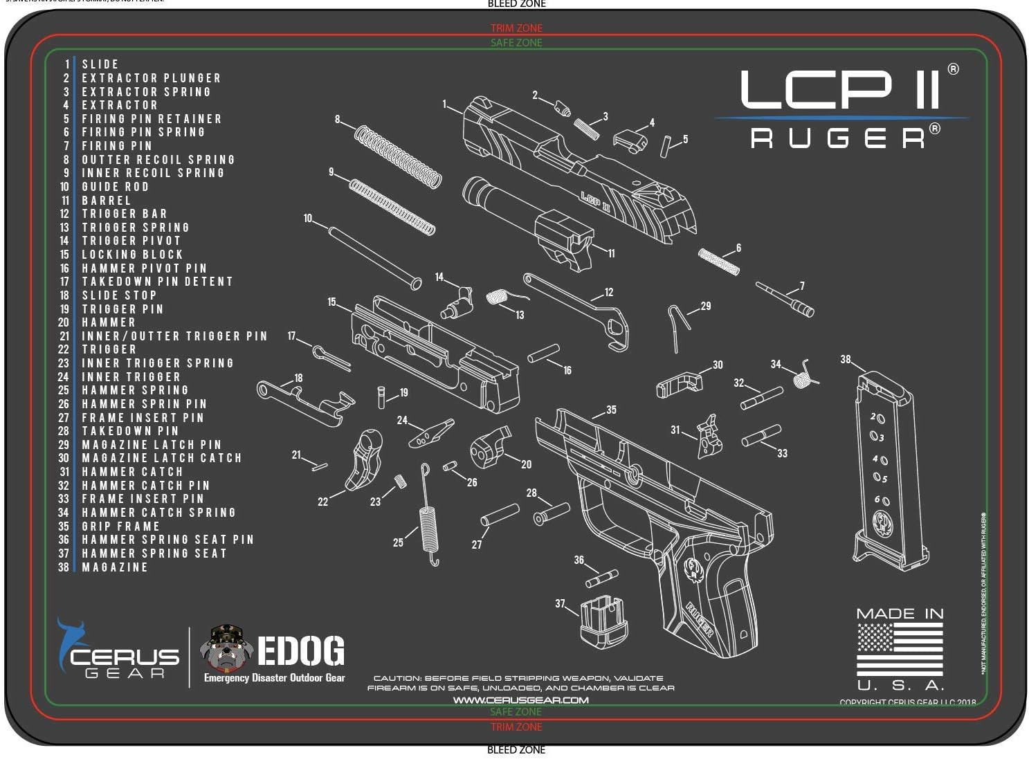Ruger LCP II 5 PC EDOG Cerus Gear Schematic (Exploded View) Heavy Duty Pistol Cleaning 12x17 Padded Gun-Work Surface Protector Mat Solvent & Oil Resistant & 3 PC Cleaning Essentials & Clenzoil