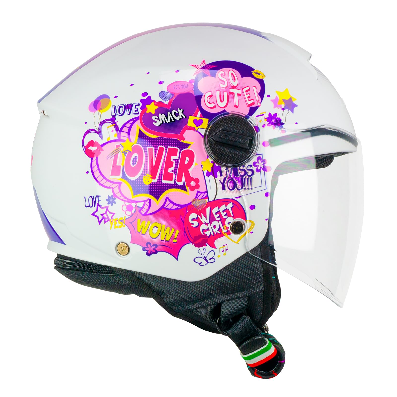 Casco abierto young para paseos en moto urbanos con diseño mini comics fucsia 7