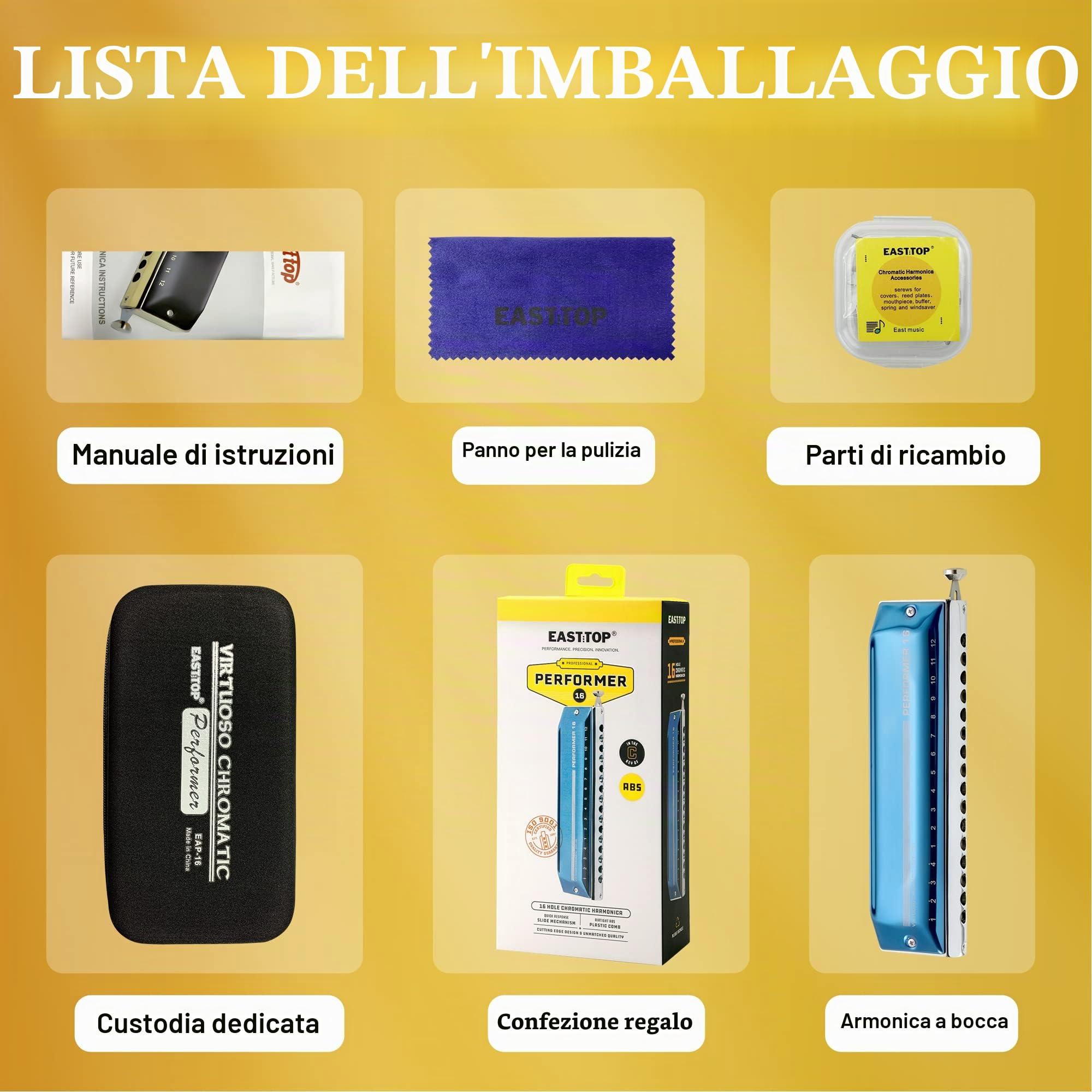 East Top Upgrade Armonica cromatica Chiave di Do ， 16 fori 64 toni Armonica professionale per adulti, studenti e amanti dell'armonica con coperchio blu (EAP-16)