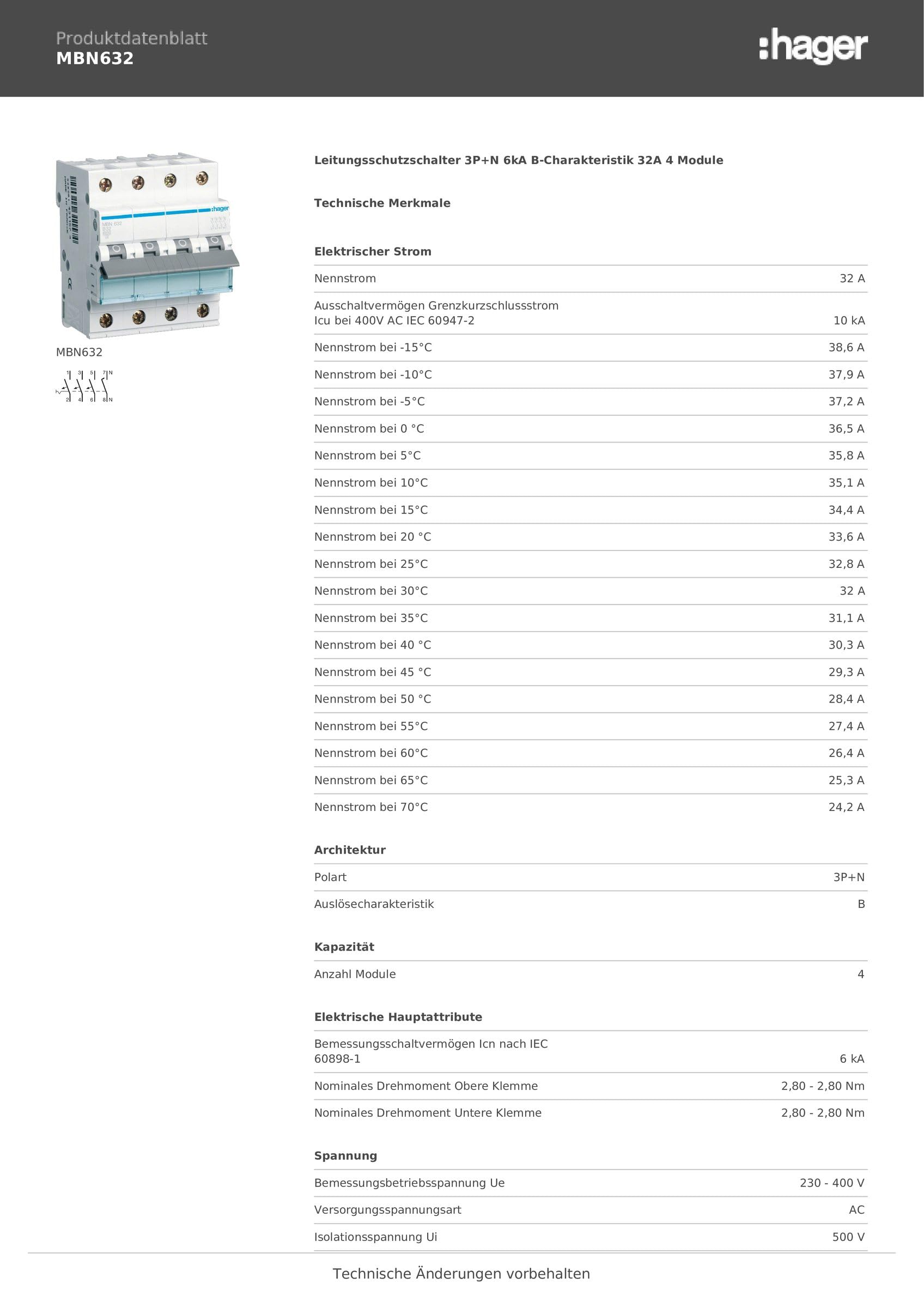 Hager MBN632 b-Type 4P 4 Module (S) Short Circuit – kurz Schaltungen (32 A, 70 mm, 70 mm, 83 mm, 25 – 60 °C,-25 – 80 °C)