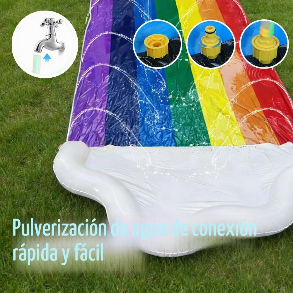 Tobogán de Agua Doble,480x140CM Water Slip and Slide con 2 Tablas de Surf y Rociador,5 Parches de Reparación,Juguetes de Exterior,Juegos de Piscina,Jardín