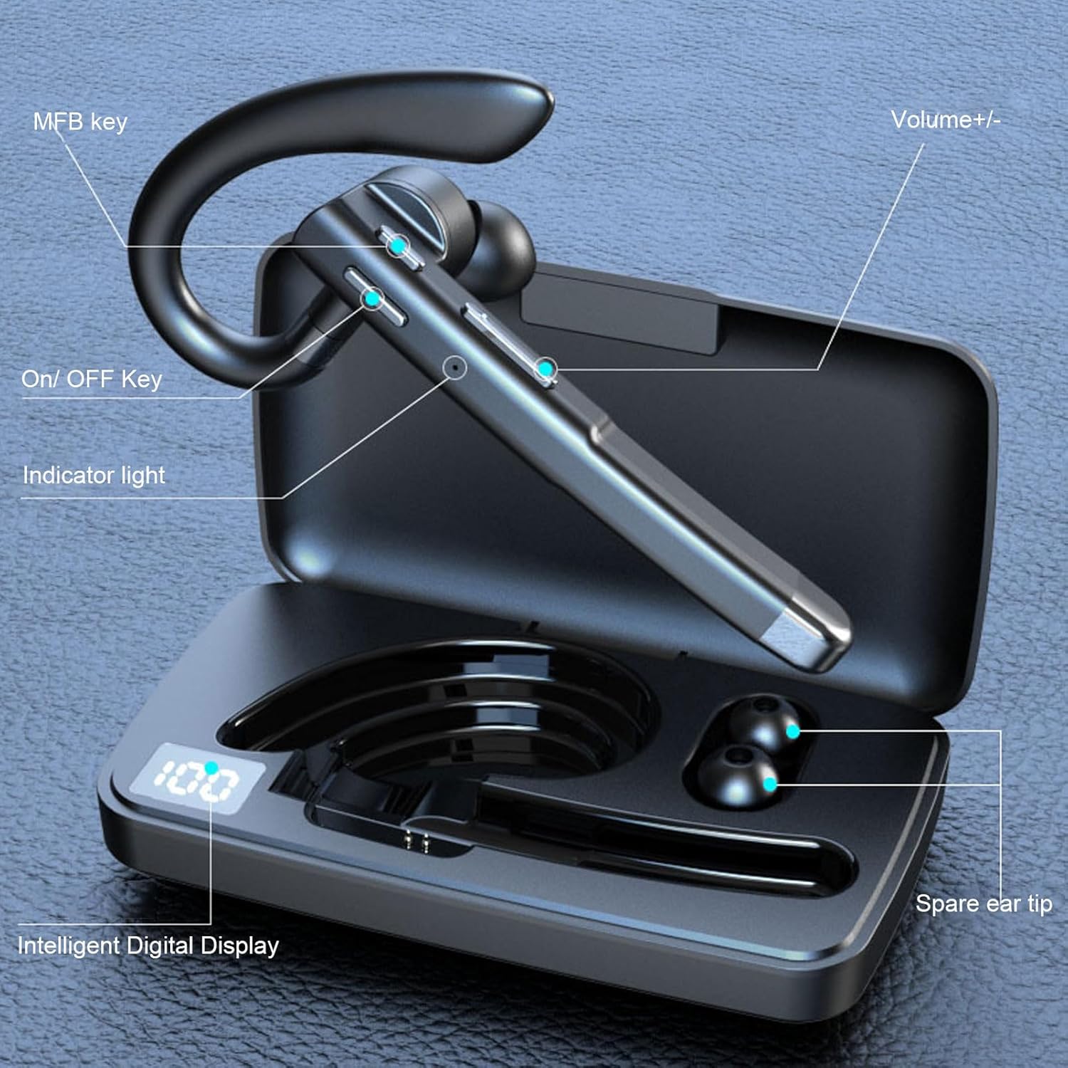 Fabater Bluetooth Headset, Single Ear Wireless Headphones with Noise Cancelling Dual Mic, 180 Deg Rotate, 64 Hours Playback, LED Display, Trucker Headset for Drivers Business Office