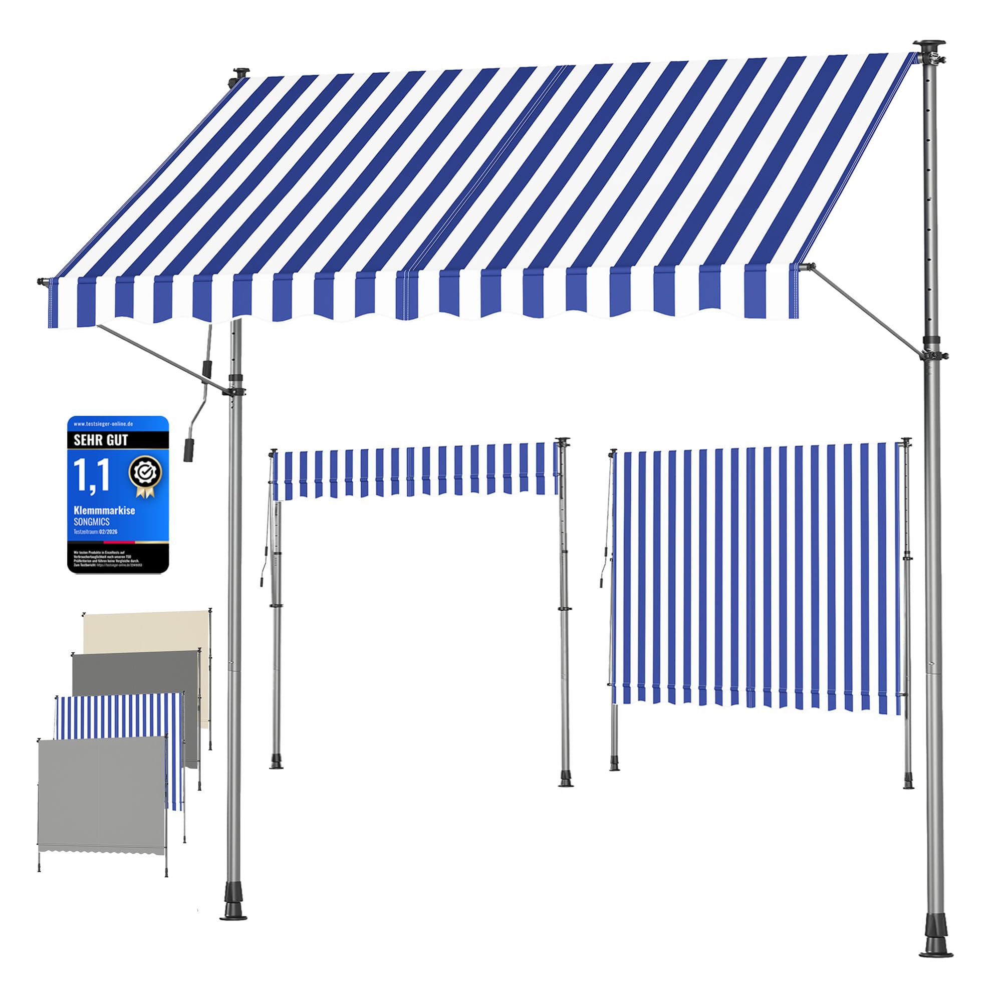 SONGMICS Tenda da Sole Avvolgibile, Tendalino Parasole Retrattile Manuale, Regolabile in Altezza con Manovella per Balcone Giardino Patio, 300 x 120 cm, Blu e Bianco GSA302QZ01