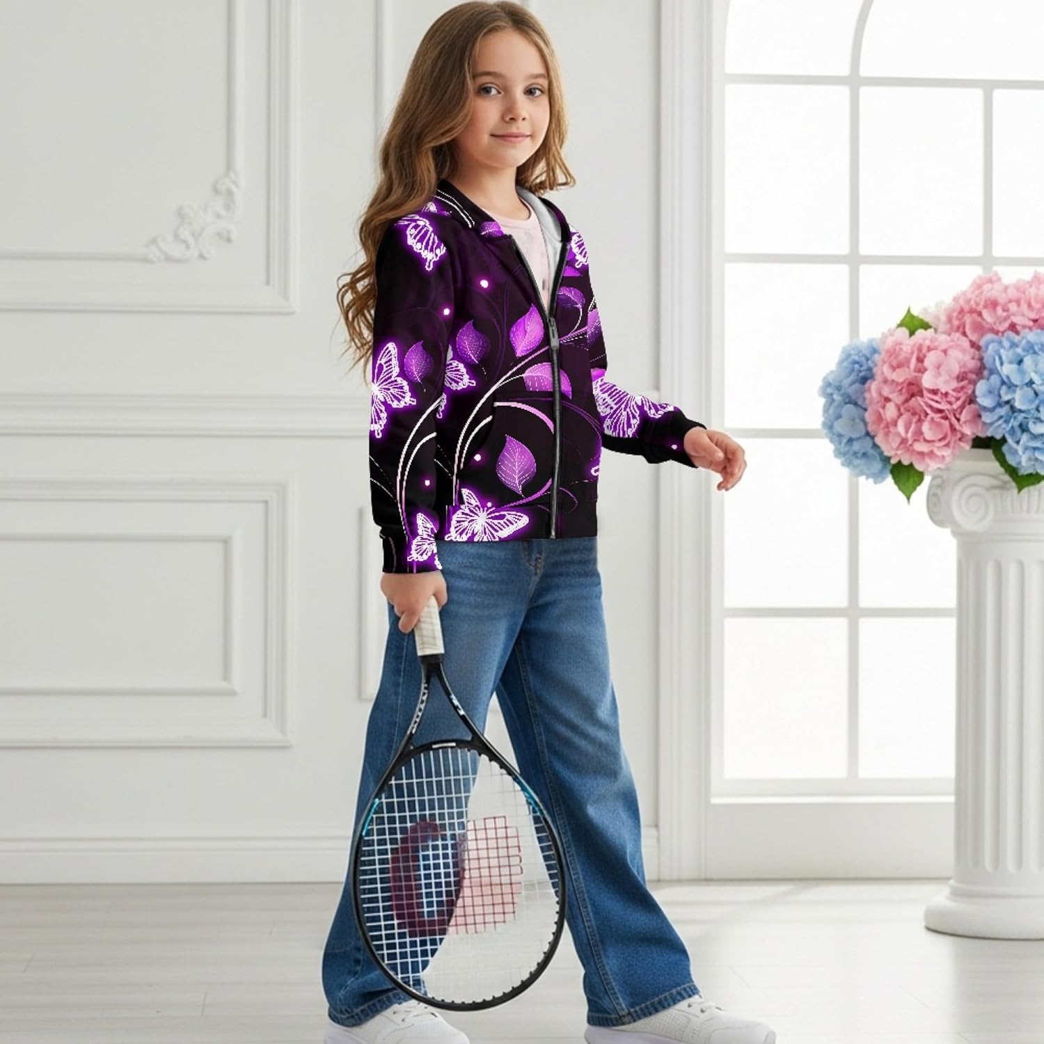 Zip Up Purple Hoodie Girl Butterfly Print Lightweight Oversized Hooded Sweatshirt Fall Hoodie Jacket Coat