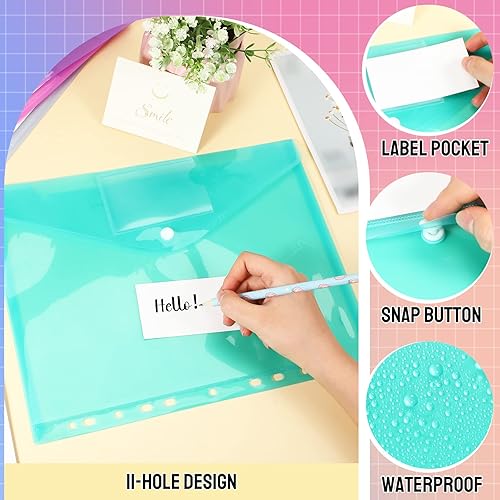 Miniatura 3 de Fuutreo 50 bolsillos para carpetas de 3 anillas, sobres de plástico, carpetas de bolsillo, 11 agujeros con botón a presión con etiquetas,