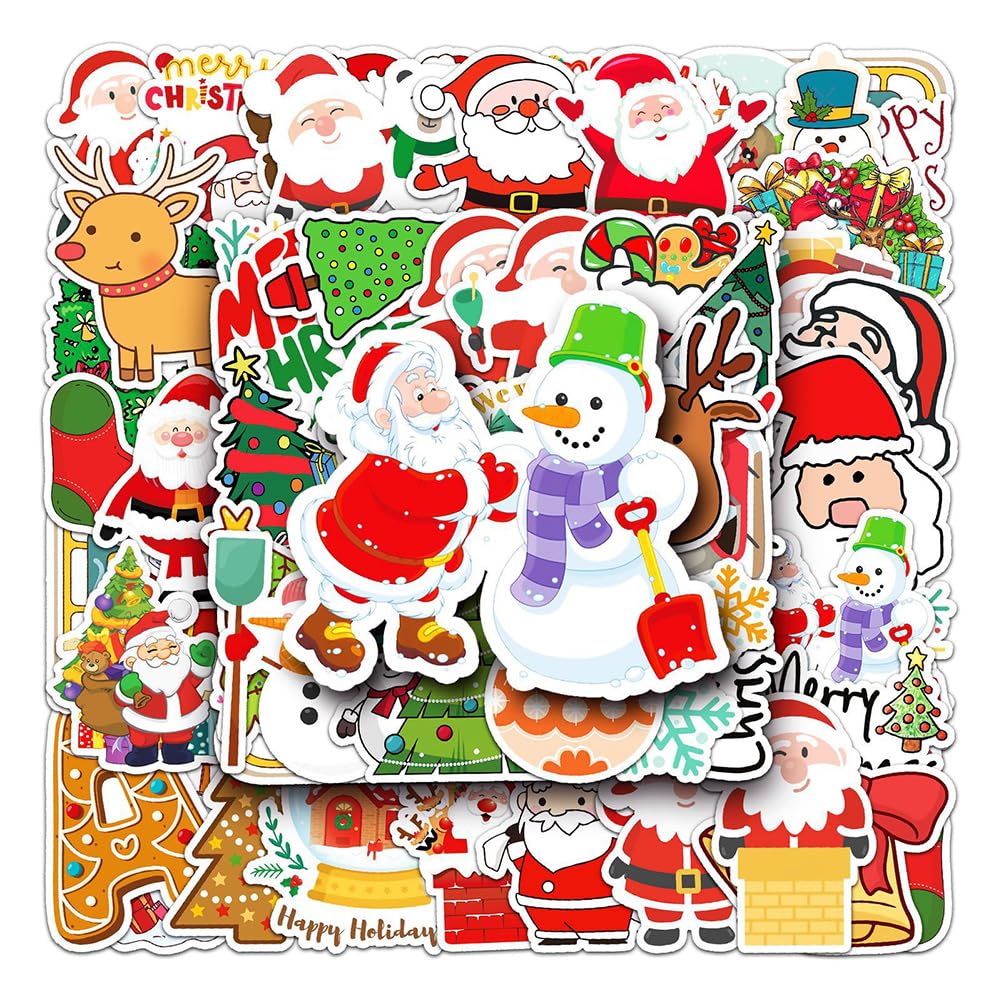 Merry Christmas Stickers |50Pcs Christmas Theme Waterproof Vinyl Decals for Water Bottles Laptop Luggage Cup Computer Mobile Phone Skateboard Guitar