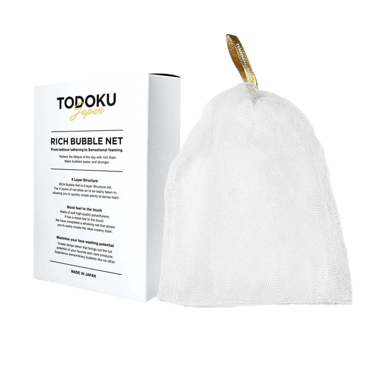 TODOKU JAPAN Rich Bubble Face Wash Soap Net, 4 Layer Mesh, Marshmallow Whip Maker (GOLD)