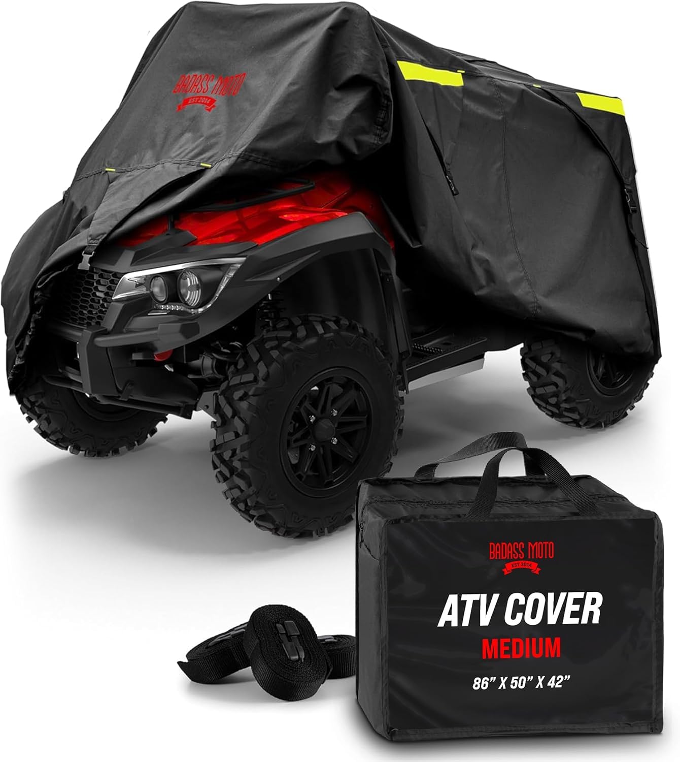 Badass Moto ATV Covers Waterproof Outdoor Heavy Duty, Rip-Resistant, Night-Reflective Quad Cover, 4 Wheeler Cover, ATV Accessories Fits Can am, Polaris Sportsman, Honda Rancher & More, Medium 85" Long