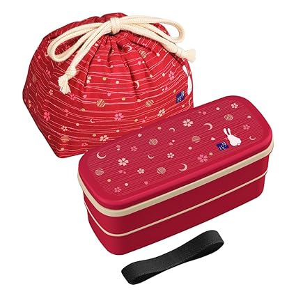 OSK Japanese Traditional Rabbit Moon Bento Box Set, PW-28C Renewal Version, Microwave-safe, Dishwasher-safe, Chopsticks, Bento Bag, Red