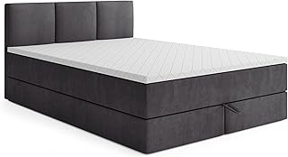 Boxspringbett mit Bettkasten RYGA 180 x 200 cm, Samtstoff, Polsterbett mit Bonell-Matratze und Topper, Doppelbett mit Stauraum, Bett für Schlafzimmer, Gepolstertes Kopfteil, H3, dunkelgrau