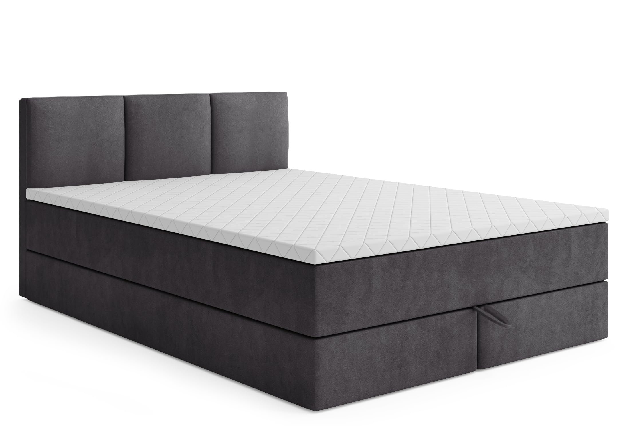 Boxspringbett mit Bettkasten RYGA 160 x 200 cm, Samtstoff, Polsterbett mit Bonell-Matratze und Topper, Doppelbett mit Stauraum, Bett für Schlafzimmer, Gepolstertes Kopfteil, H3, dunkelgrau