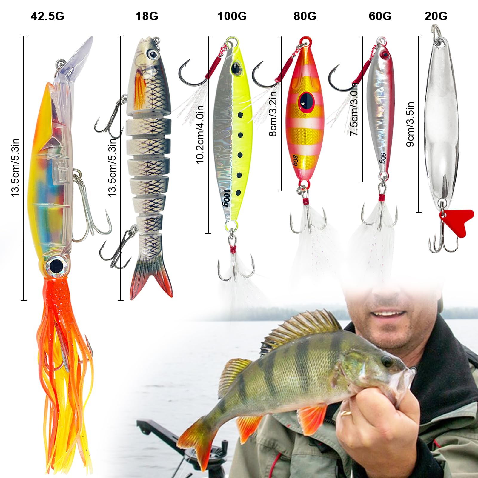 Kit di esche da pesca in metallo con cucchiaini da jigging con esche morbide, girelle a scatto, ami per pesca a traina, pesca in mare, esche jigging per spigola, sgombro, halibut