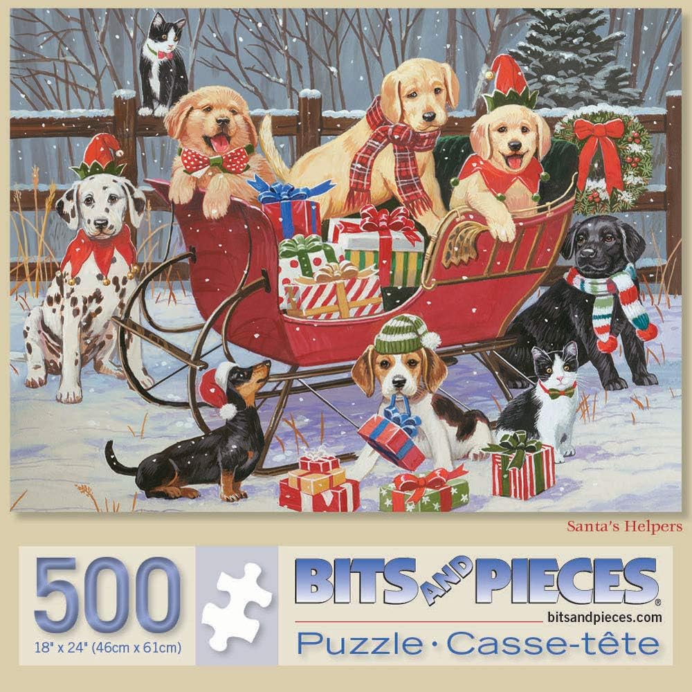 Bits and Pieces – 500 Piece Jigsaw Puzzle for Adults – Santa's Helpers - Puppies Christmas Sleigh Jigsaw Puzzle by Artist William Vanderdasson, Completed Puzzle Size: 18" x 24"