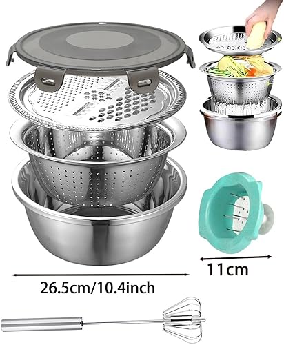 Miniatura 6 de NAICISUM Cuenca multifuncional de acero inoxidable, juego de colador de rallador 6 en 1, rallador de queso de jengibre, cesta de drenaje para