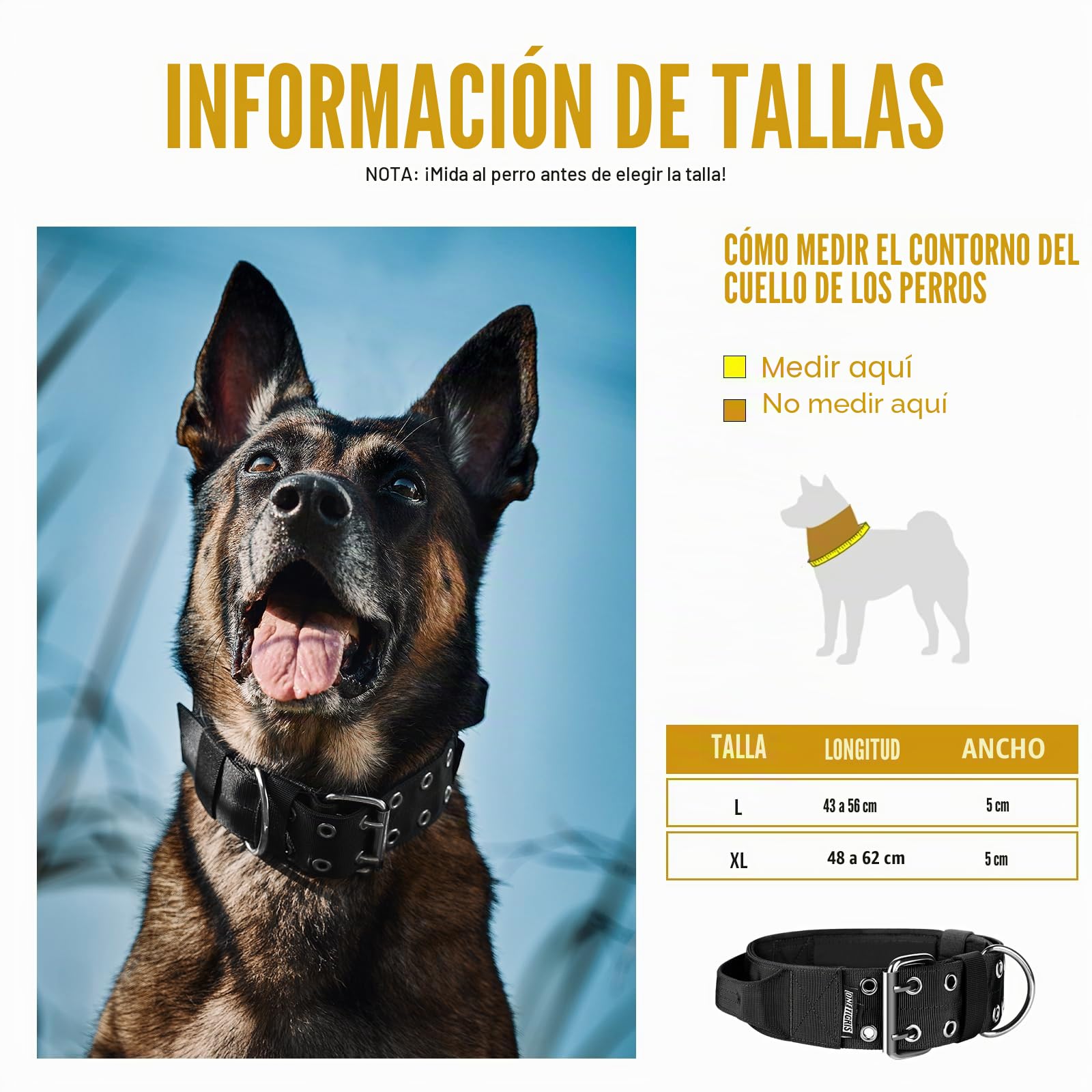 OneTigris - Collar de 5 cm de ancho para perros grandes con asa y parche, negro, L