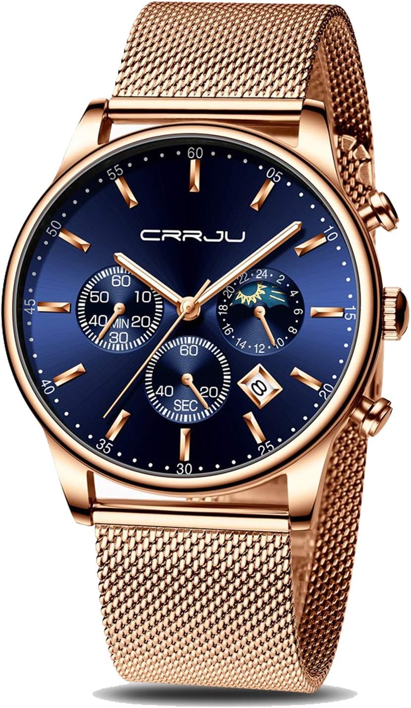 CRRJU Men's Fashion Casual Watches Auto Date Chronograph Watch Men Nice Work Watches Waterproof 30M Full Steel Quartz with Mesh Strap