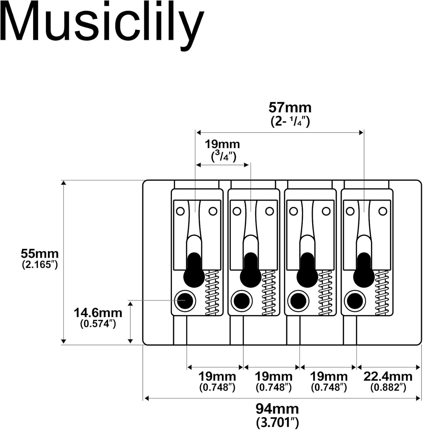 Musiclily Pro 19mm Pre-Radiused Hard Zinc 4-String Bass Bridge, Gold