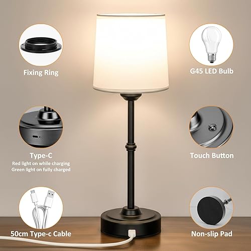 Miniatura 7 de Lámpara de mesa LED inalámbrica, lámpara de escritorio portátil con pantalla de tela, iluminación recargable de 6000 mAh, luz ambiental cálida de