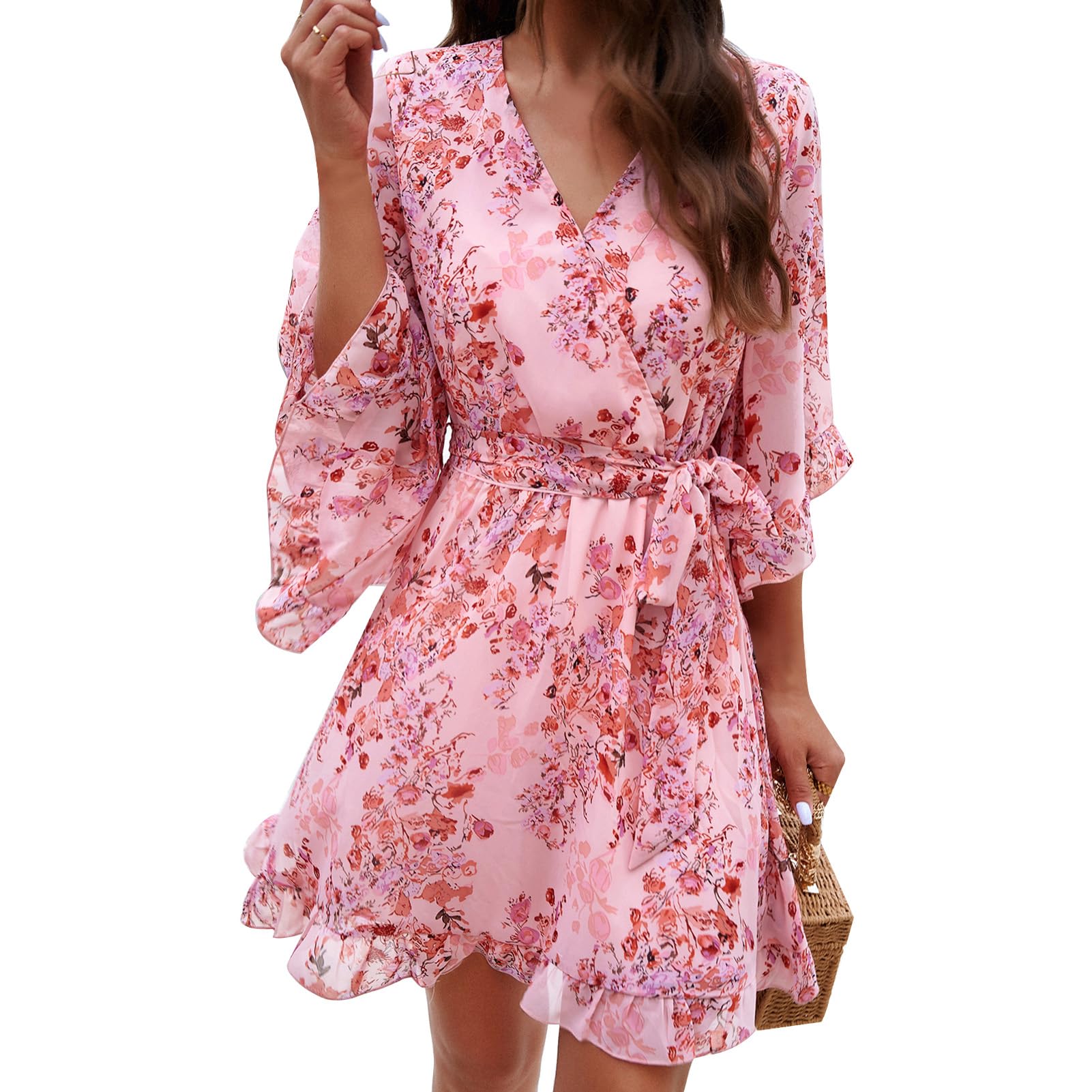 Odizli Sommerkleid Damen Kurz Elegant Blumen Chiffon V-Ausschnitt Wickelkleid