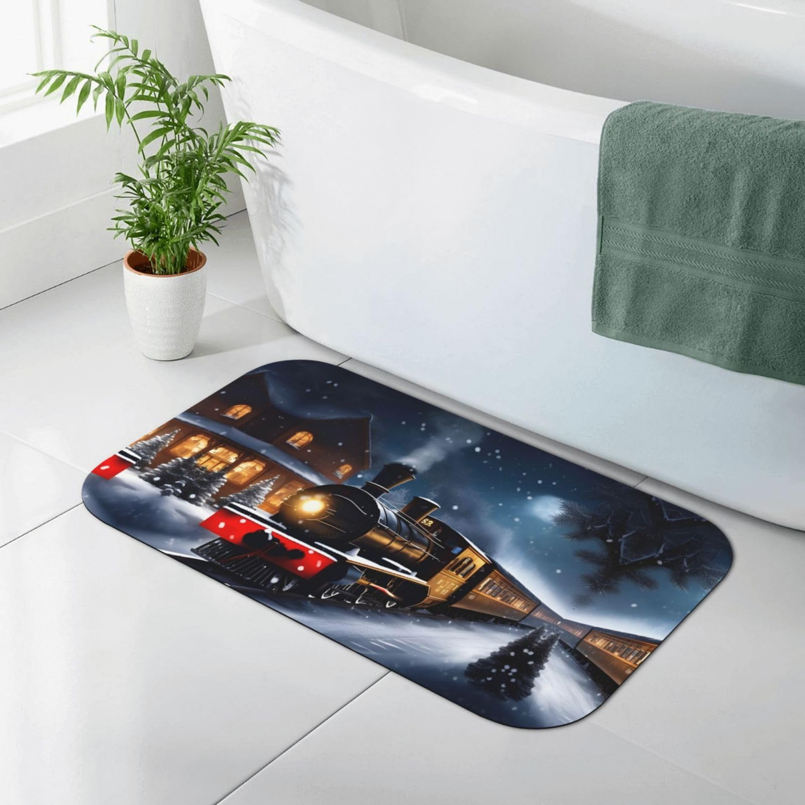 Tapis de douche en diatomite 50x80 cm à motif de train de Noël enneigé