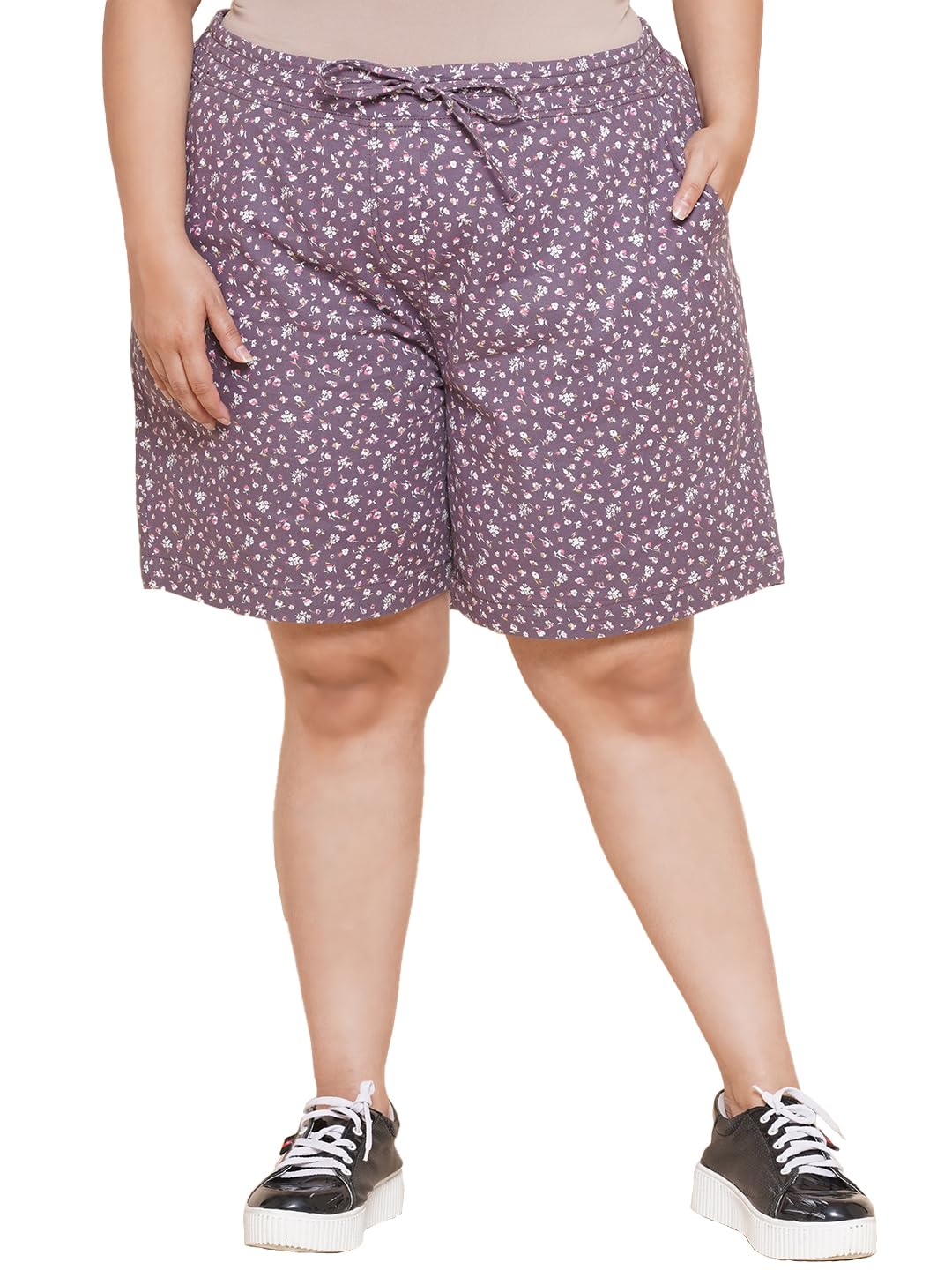 Plus Size Women Regular Fit Mid-Rise Printed Above Knee Purple Regular Shorts-image-38