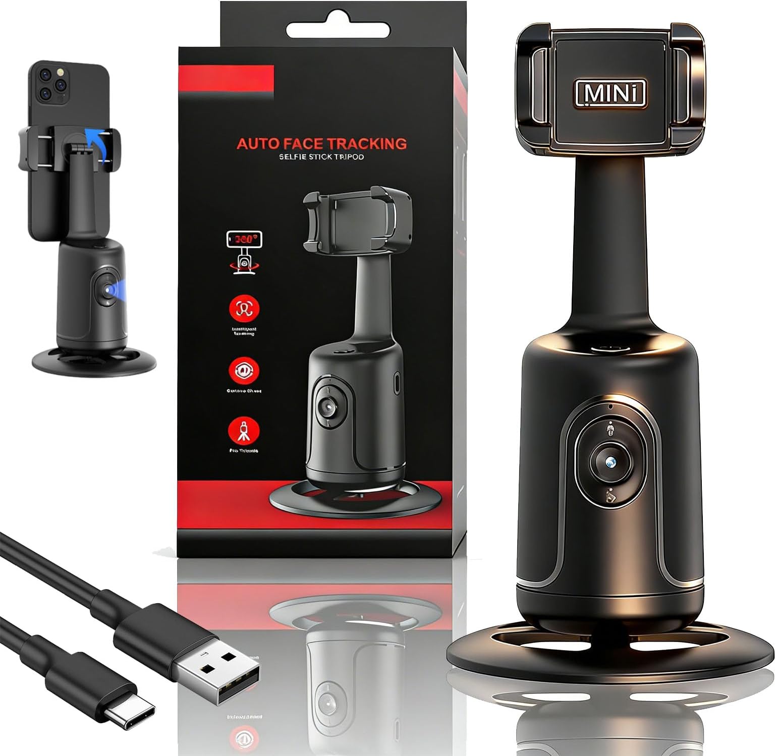 Ai-Powered Fully Automatic Tracking Phone Gimbal, Smart Ai Facial Recognition Phone Tripod, 360° Pan & Tilt, Panoramic Tracking & Stabilization for Home & Outdoor Use (Black)