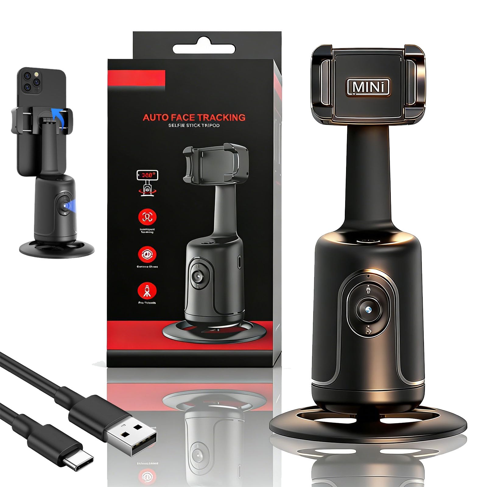 Ai-Powered Fully Automatic Tracking Phone Gimbal, Smart Ai Facial Recognition Phone Tripod, 360° Pan & Tilt, Panoramic Tracking & Stabilization for Home & Outdoor Use (Black)