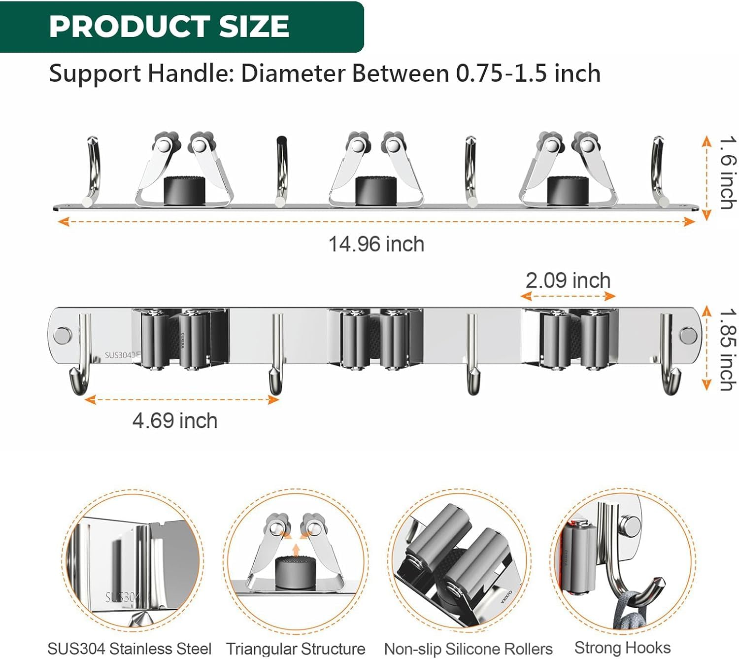 Stainless Steel Mop & Broom Holder - 3 Slots & 4 Hooks -6