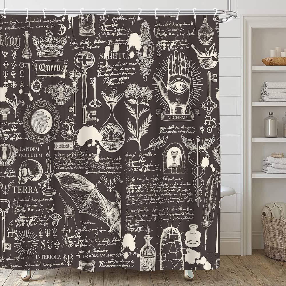 TENVSIN Brown Retro Shower Curtain Witchcraft Wizard Divination Alchemy Bat Skull Mystic Eye Gothic Art Halloween Theme Bathroom Bathtub Decorative