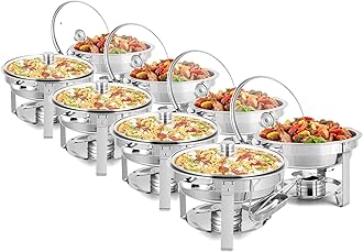 ROVSUN 5 Qt 8 Pack Chafing Dishes for Buffet, NSF Stainless Steel Round Chafers for Catering, Buffet Servers and Warmers Set with Glass Lid & Lid Holder, Stackable Design for Wedding Party Event