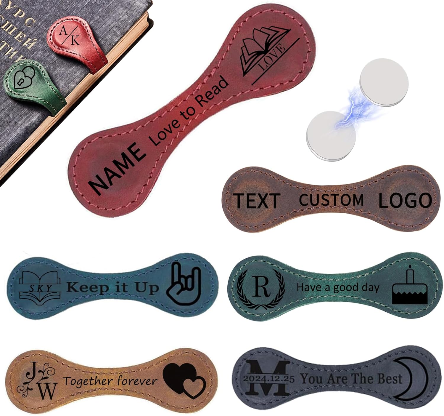 MZP Personalized Leather Magnetic Bookmark Custom Vintage Engraved Name Initials Text Book Marker Clips Customized Gifts for Readers Women Kids Mom Dad Teacher Book Lovers (Color : A, 6-pcs)