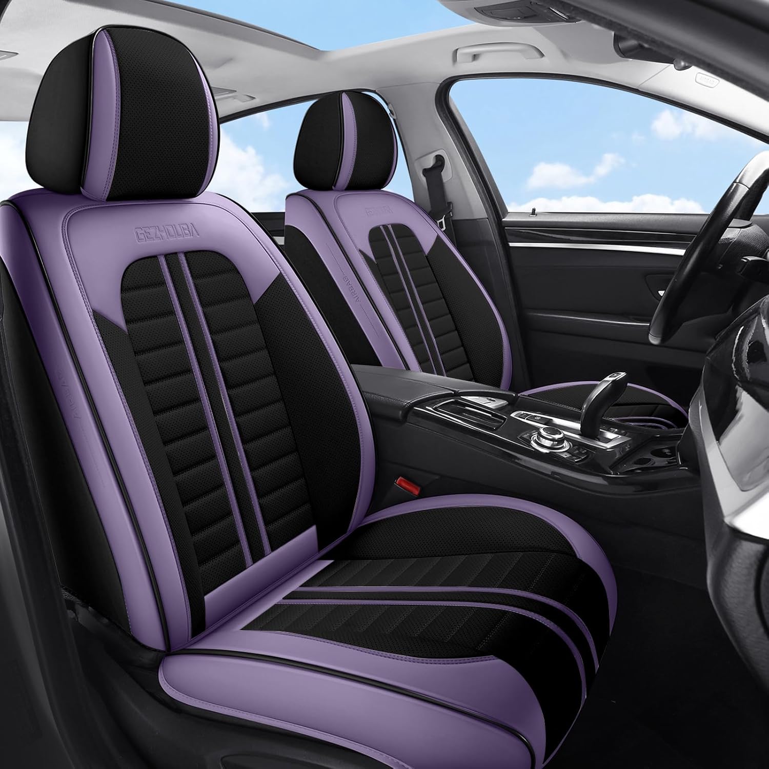 Car Seat Covers Full Set with Waterproof Leather, Luxury Universal Automotive Vehicle Cover for Cars SUV Pick-up Truck, Heavy Duty Seat Protector Car Interior Accessories (Purple Black)