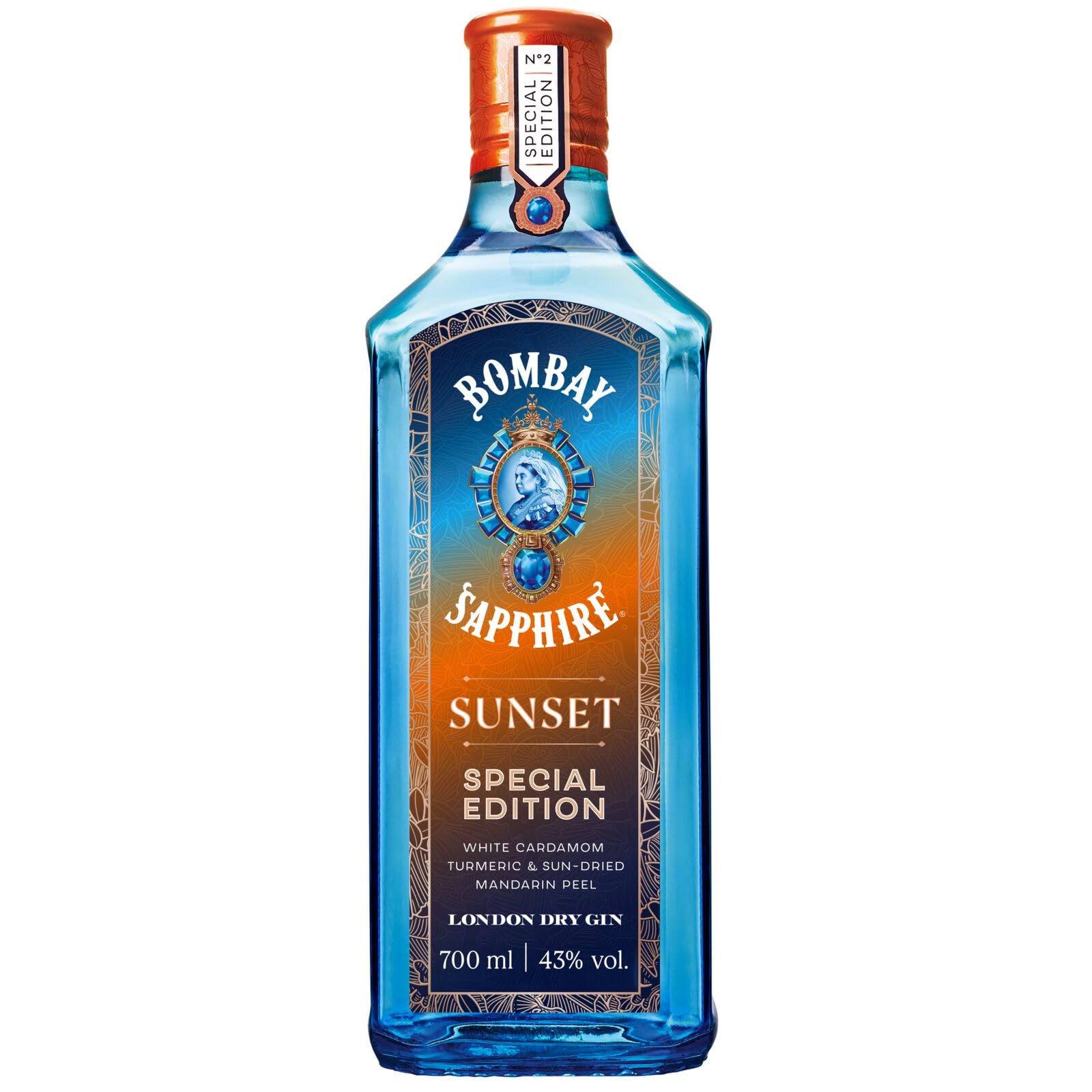 Bombay Sapphire Sunset London Dry Gin, 43 Vol-%, 70 cl / 700 ml, Special Edition, zu 100% per Dampfinfusion destillierte Spirituose mit wärmenden Gewürzen und bittersüßer Mandarine
