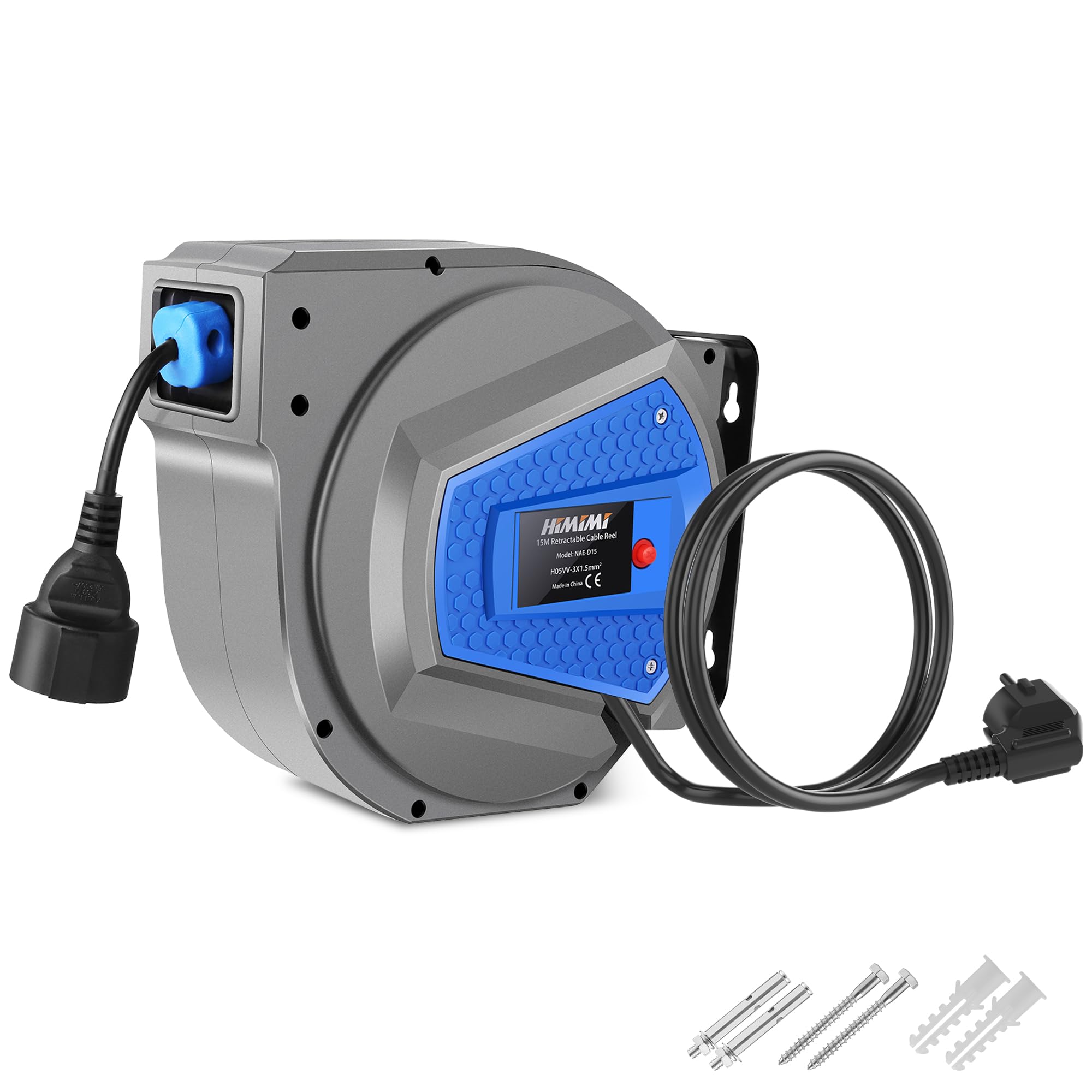 Himimi Carrete de cable retráctil automático de 15 m + 1 m, resistente, de 1500 W a 3000 W, resistente al agua, para uso en interiores y exteriores, con montaje en pared o techo (Blue)