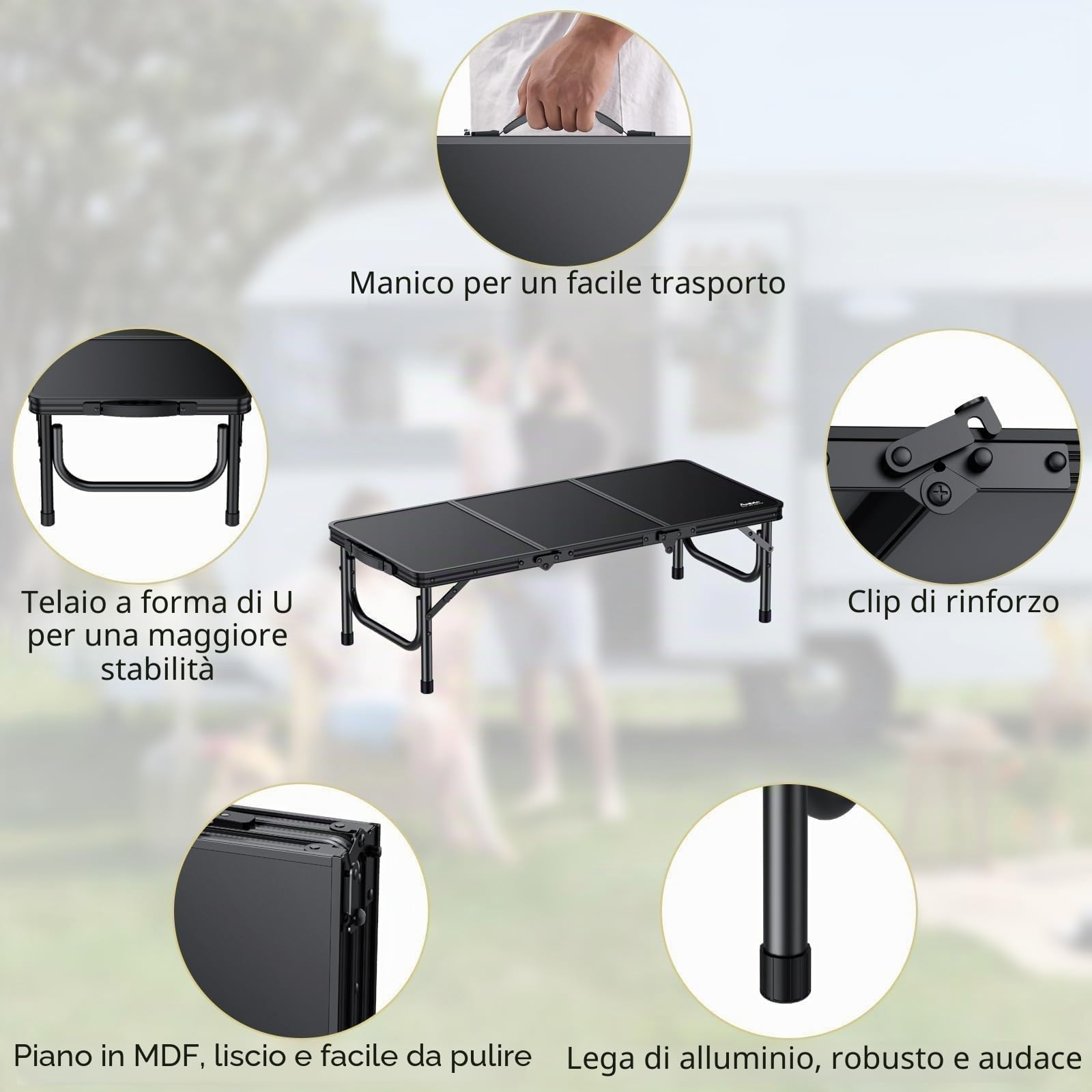 Anbte Tavolo Basso da Campeggio Picnic Spiaggia 87 * 40 * 26.2 Pieghevole Portatile Tavolino da Comodino Multifunzione per Lavoro/Caffè/Truccarsi/Mercatini-Nero