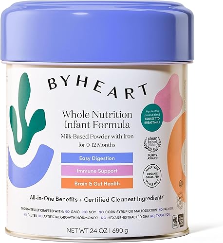 Fórmula infantil en polvo ByHeart para bebés de 0 a 12 meses. Elaborada con leche entera orgánica. Certificada por Clean Label Project. Fórmula para bebés más parecida a la leche materna. Mezcla de proteínas patentada. Paquete de 1 unidad de 24 onzas.