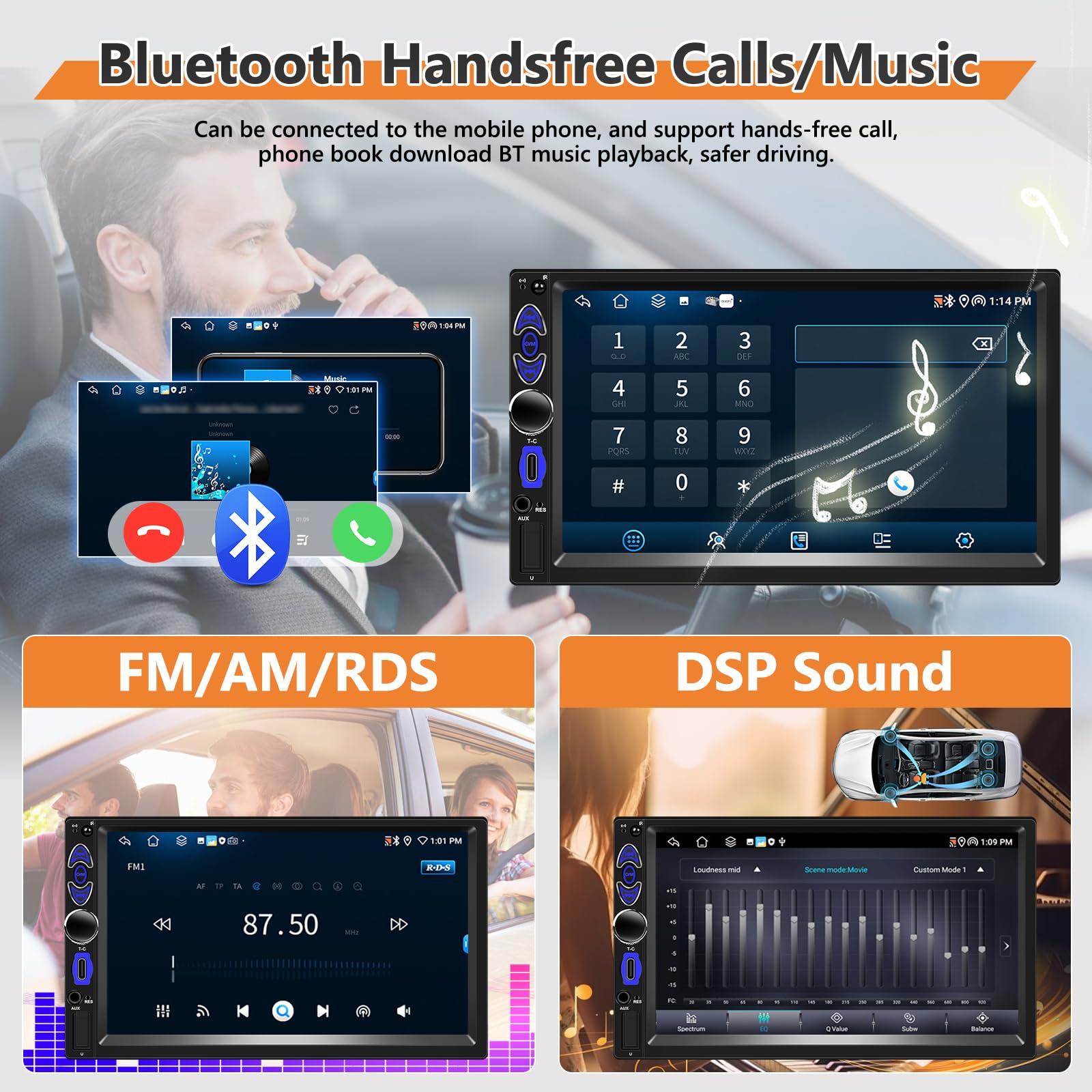 Double Din avec CarPlay/Android Auto sans Fil, 4+64 Go, 2 din, écran Tactile Android 7 Pouces, Navigation GPS, Bluetooth, FM/AM/RDS, WiFi, écran partagé + caméra de recul